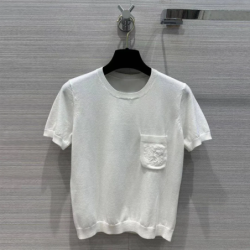 New Summer Fashion Solid Color 100% Wool Knitted Women Tops O-neck Short Sleeve Front Pocket Casual Slim Fit T-shirt