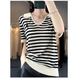 New Embroidery Loose Short Sleeve Striped T-shirt Summer Women's Fashion Short Sleeve Top