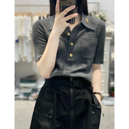 Girl's short sleeved round neck T-shirt vest, half sleeved slim fit for commuting, Western casual women with collar butt