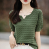 2024 Summer New Short sleeved Women's V-neck Solid Color 100% Cotton Pullover T-shirt Knitted Loose Fashion Women's Top