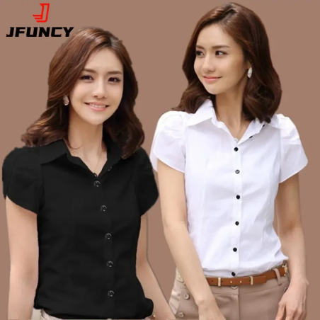 JFUNCY Women's Shirt 2024 Summer Women Top Female Black White Shirts Office Ladies Blouse OL Clothes Woman Short Sleeve