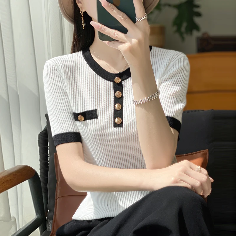 Western-style wild contrast fashion sweater women's color matching round neck pullover short sleeve temperament bottomin