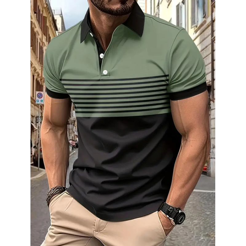 Striped Men's Casual Color Block Short Sleeve Lapel Polo Shirt For Summer Golf Shirt EUROPEAN Measurement