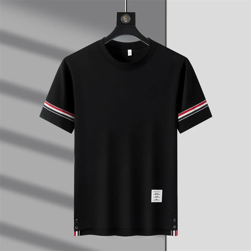 2024 New High End brand Men's Cotton Trendy Contrasting O-Neck Short Sleeved T-Shirt Split Summer Casual Breathable Men'